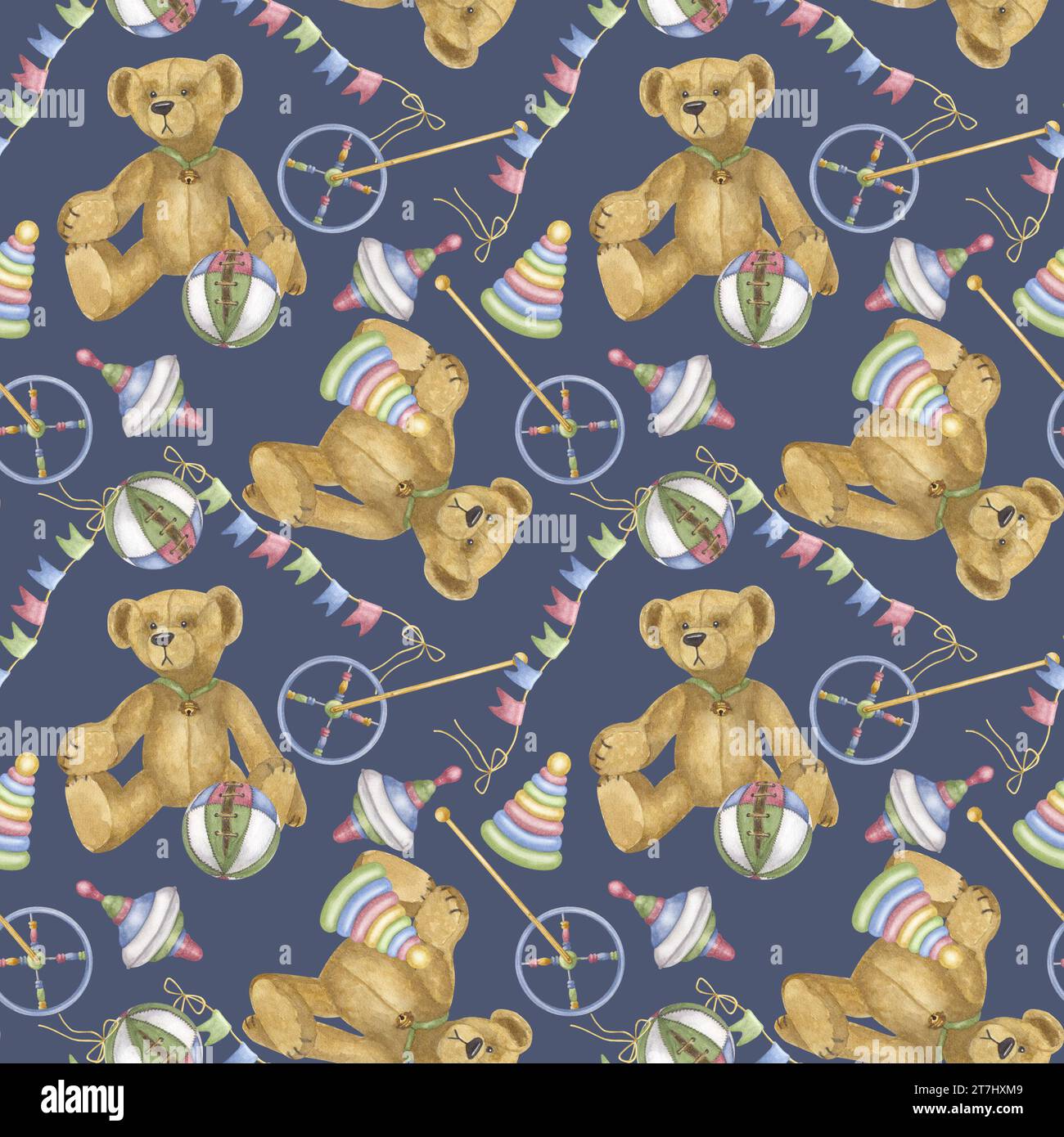 Baby antique toy seamless pattern, teddy bear, ball, spinning top ...