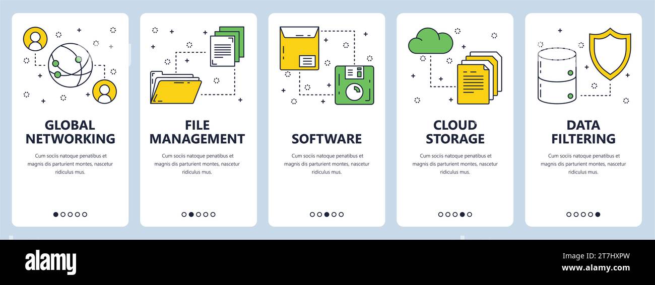 Vector set of networking vertical banners. Global networking, File management, Software, Cloud storage, Data filtering website templates. Modern thin Stock Vector