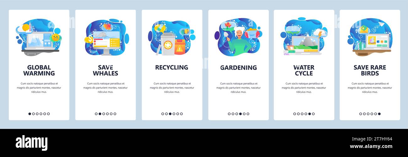 Mobile app onboarding screens. Climate change, global warming, recycling waste and save animals. Menu vector banner template for website and mobile de Stock Vector