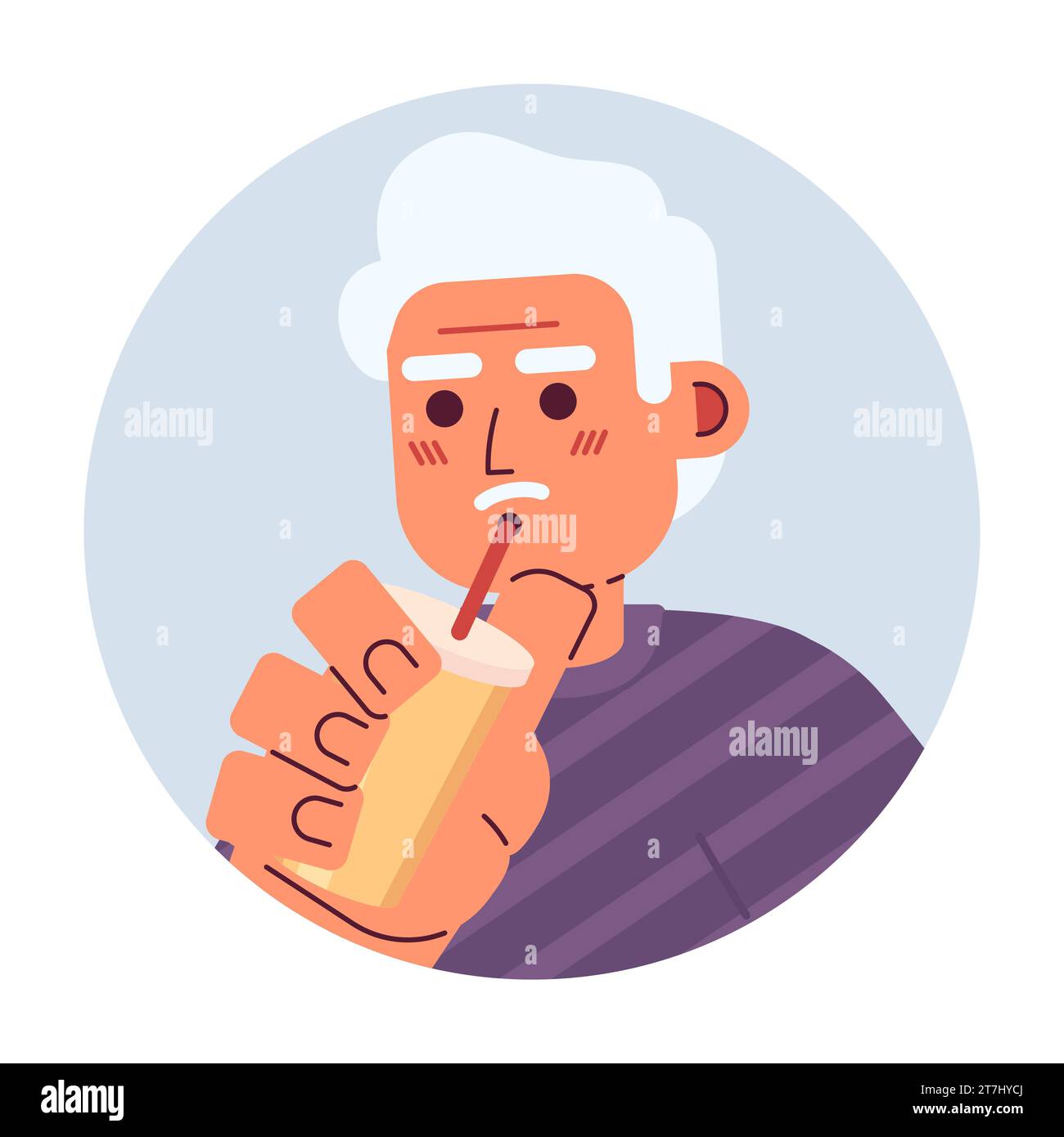 Gray haired old man drinking through straw 2D vector avatar illustration Stock Vector
