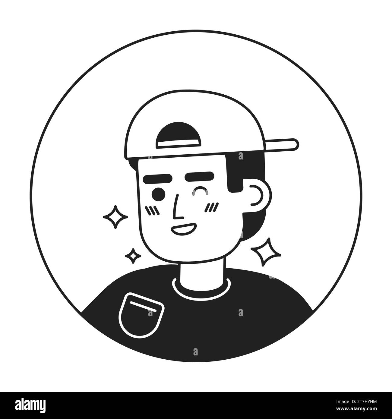 Backwards baseball cap latino guy winking smiling black and white 2D vector avatar illustration Stock Vector