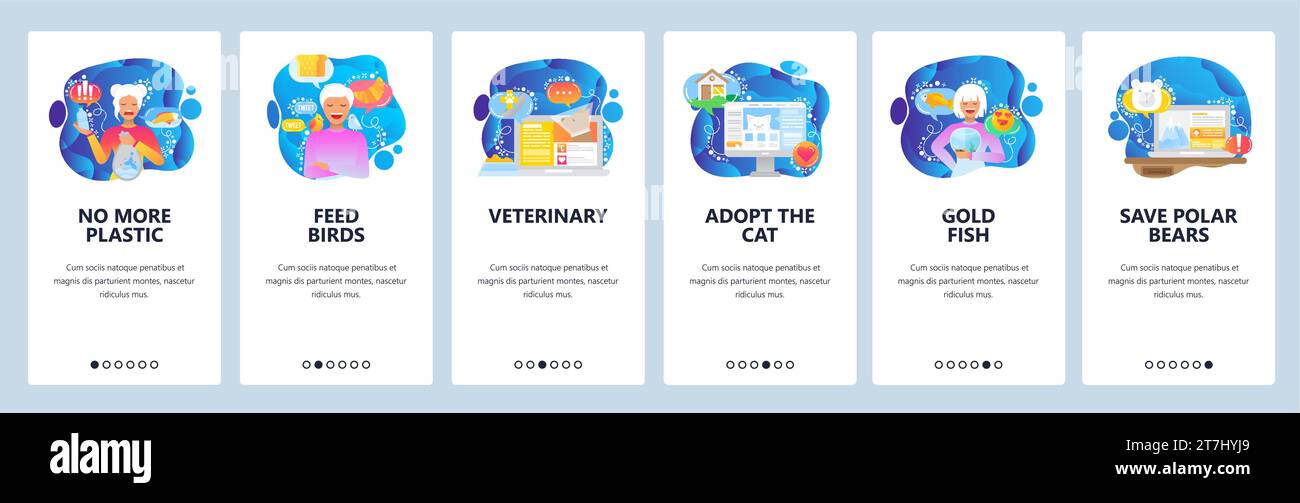 Mobile app onboarding screens. Save the planet, protect animals, no plastic bags. Menu vector banner template for website and mobile development. Web Stock Vector