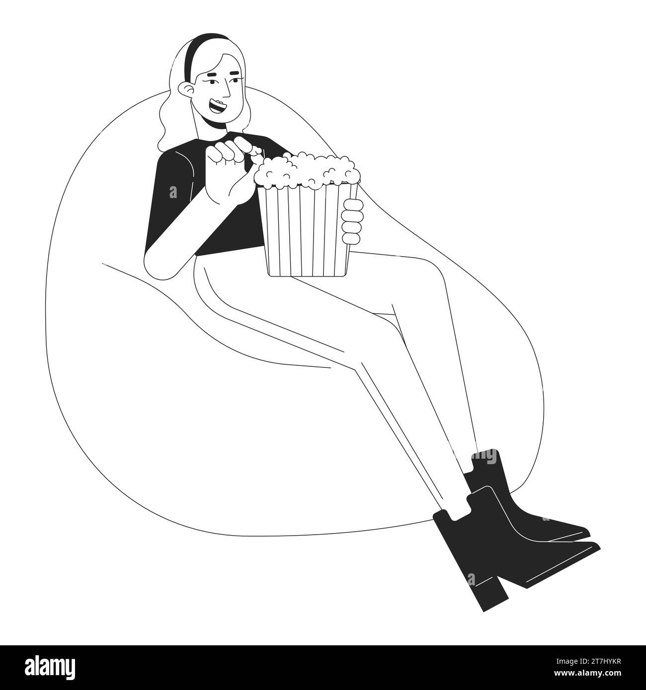 Beanbag woman holding popcorn bucket black and white 2D line cartoon