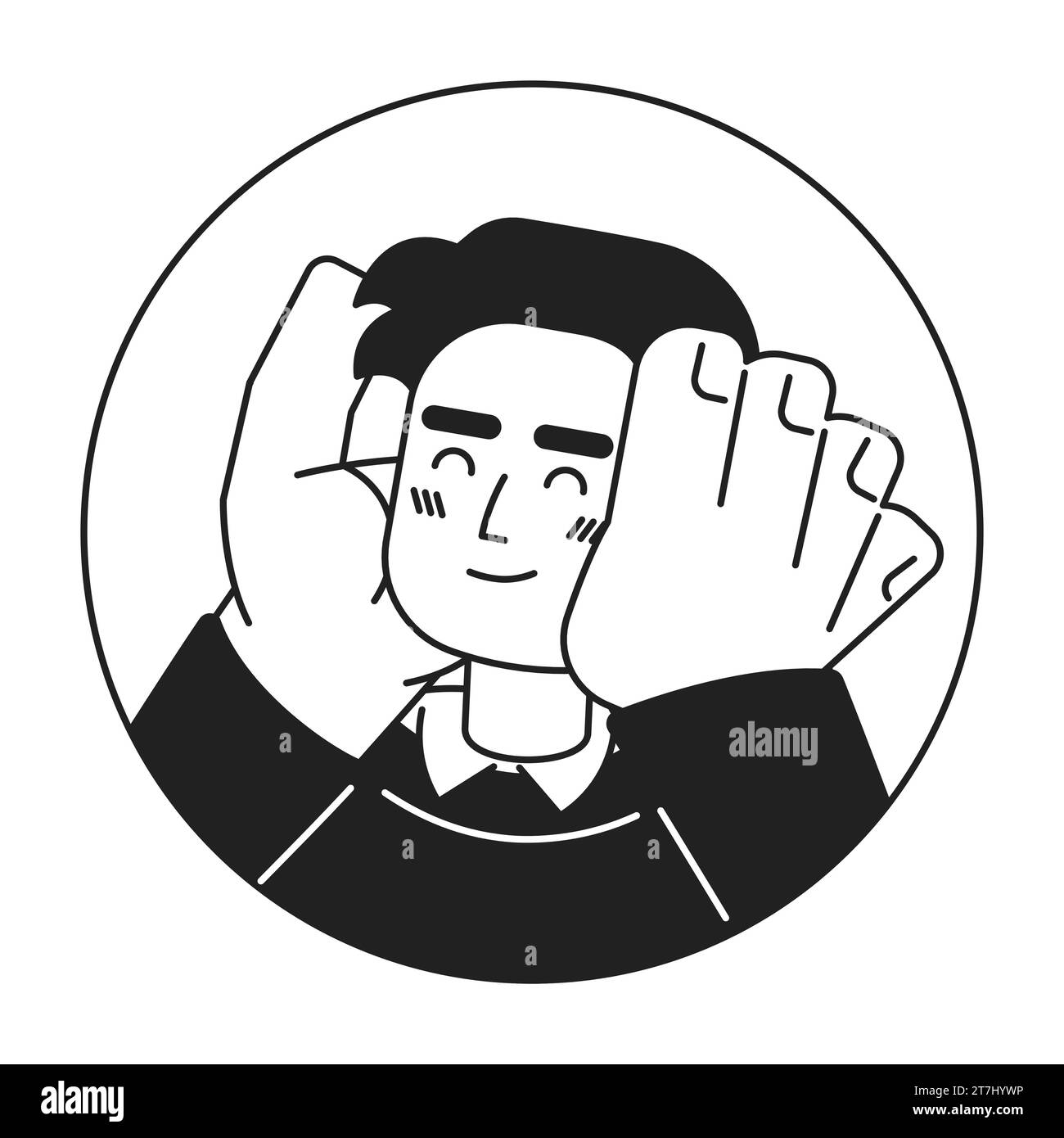 Middle eastern guy smiling hands on face black and white 2D vector
