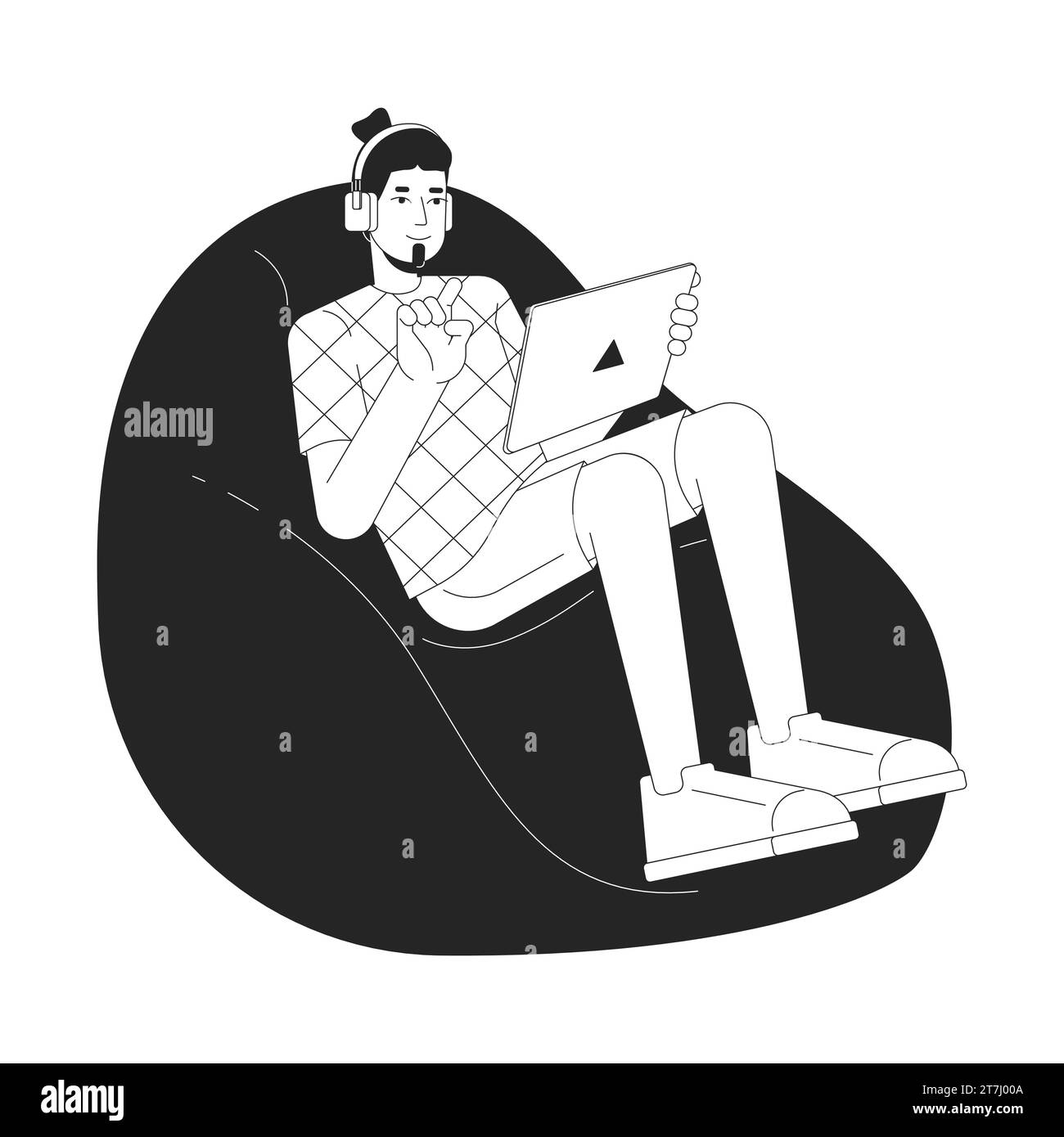 Beanbag guy holding tablet black and white 2D line cartoon character