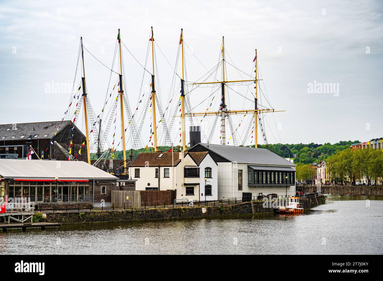 Six masts of Brunel's iron ship, SS Great Britain, a museum ship and former passenger steamship, at the Great Western Dockyard, Bristol, England, UK Stock Photo