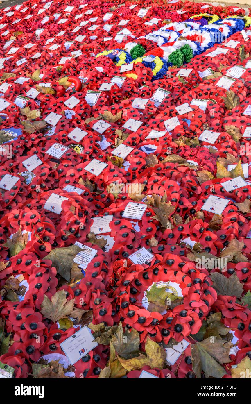 London, UK. Poppy wreaths left at the Cenotaph in Whitehall after the Rememberance Sunday ceremony, November 2023 Stock Photo