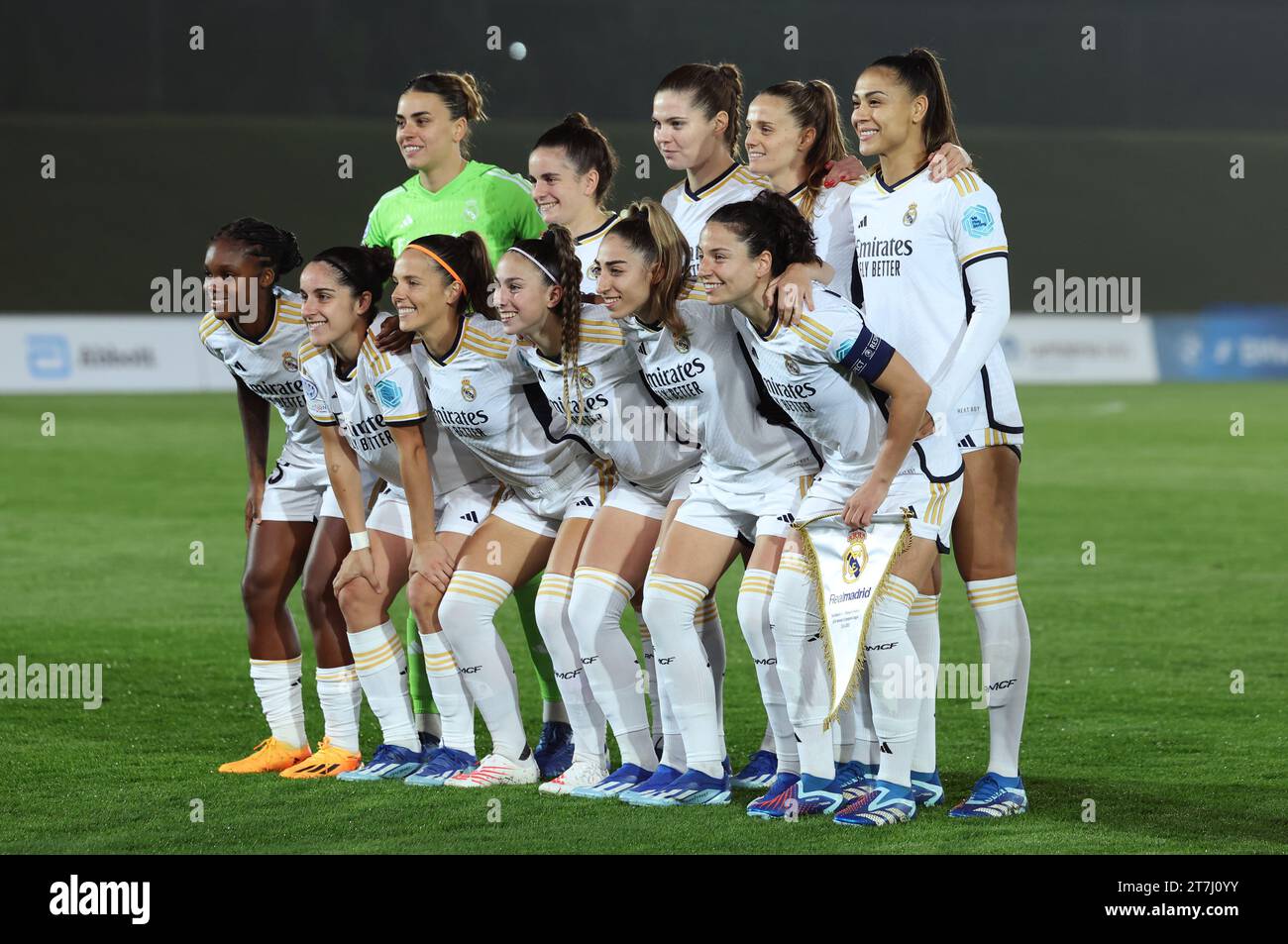 Real Madrid players, back row, from left, Misa Rodriguez, Teresa Abelleira, Signe Bruun, Sandie Toletti and Kathellen. Front row, from left, Linda Caicedo, Oihane Hernandez, Claudia Zornoza, Athenea del Castillo, Olga Carmona and Ivana Andres line up before the UEFA Women's Champions League Group D match at the Estadio Alfredo Di Stefano in Madrid, Spain. Picture date: Wednesday November 15, 2023. Stock Photo