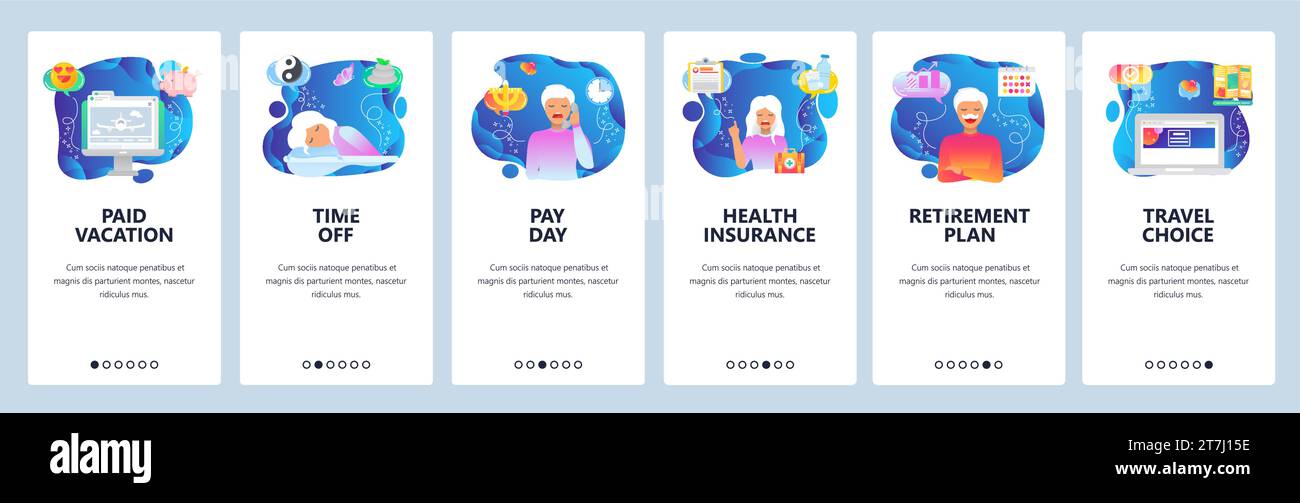 Mobile app onboarding screens. Health insurance, retirement plan, time to sleep, flight vacation. Menu vector banner template for website and mobile d Stock Vector