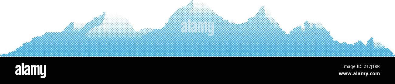 Halftone blue mountain landscape with dot gradient pattern. Widescreen background with rocks covered with snow. Stock Vector