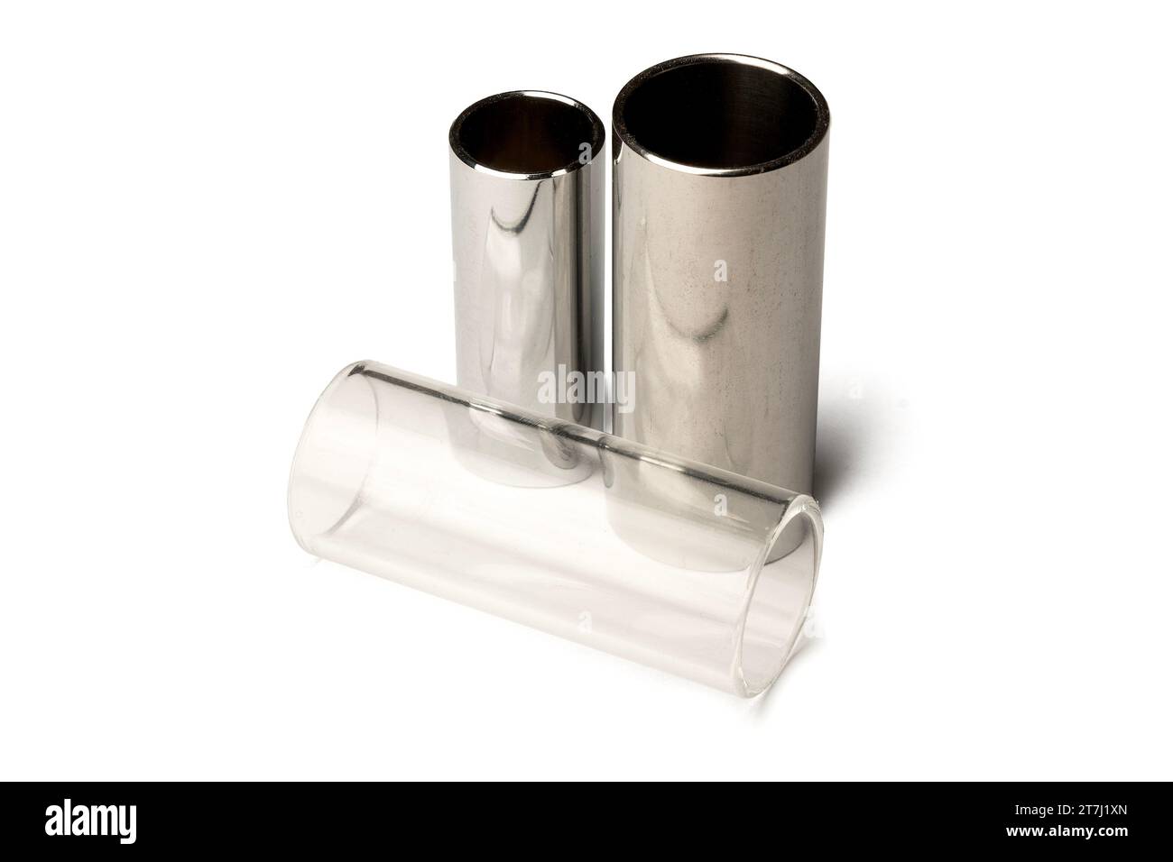 Glass and metal guitar slide on white background Stock Photo Alamy