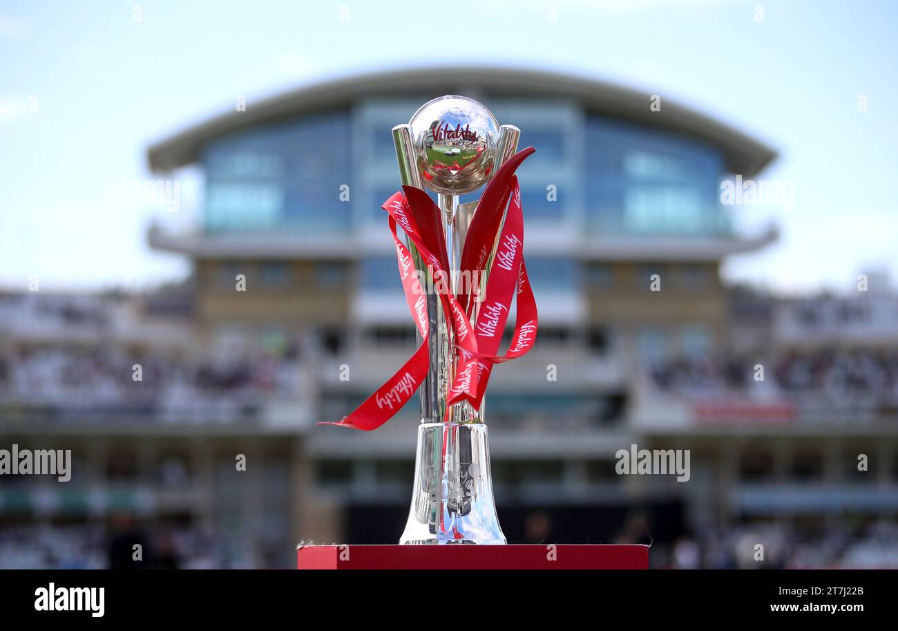 File photo dated 18-07-2019 of The Vitality Blast T20 trophy. Next summer's domestic T20 schedule kicks off in May with men's and women's double-headers taking place across four days. Issue date: Thursday November 16, 2023. Stock Photo