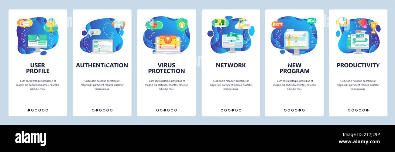 Onboarding for web site and mobile app. Menu banner vector template for website and application development. User profile, Authentication, Virus prote Stock Vector