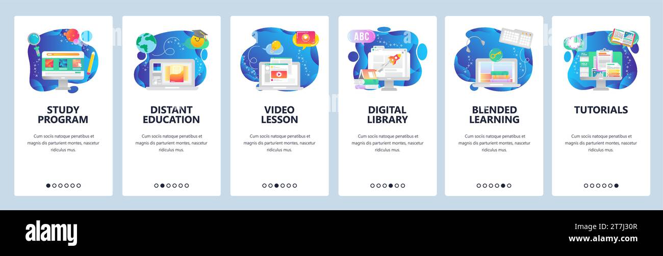 Onboarding for web site and mobile app. Menu banner vector template for website and application development. Study program, Distant education, Video l Stock Vector