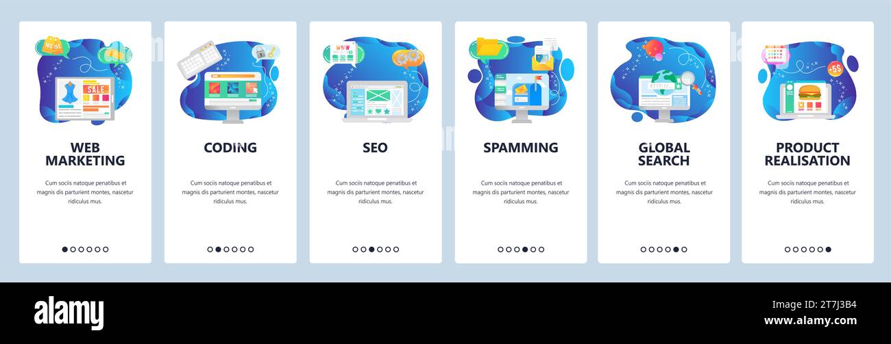 Onboarding for web site and mobile app. Menu banner vector template for website and application development. Web marketing, Coding SEO, Spamming, Glob Stock Vector