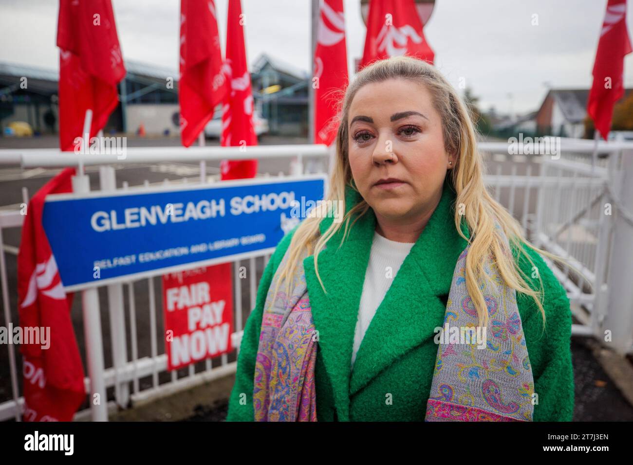 Nula McCarthy classroom assistant standing on the Unison picket line outside Glenveagh School in