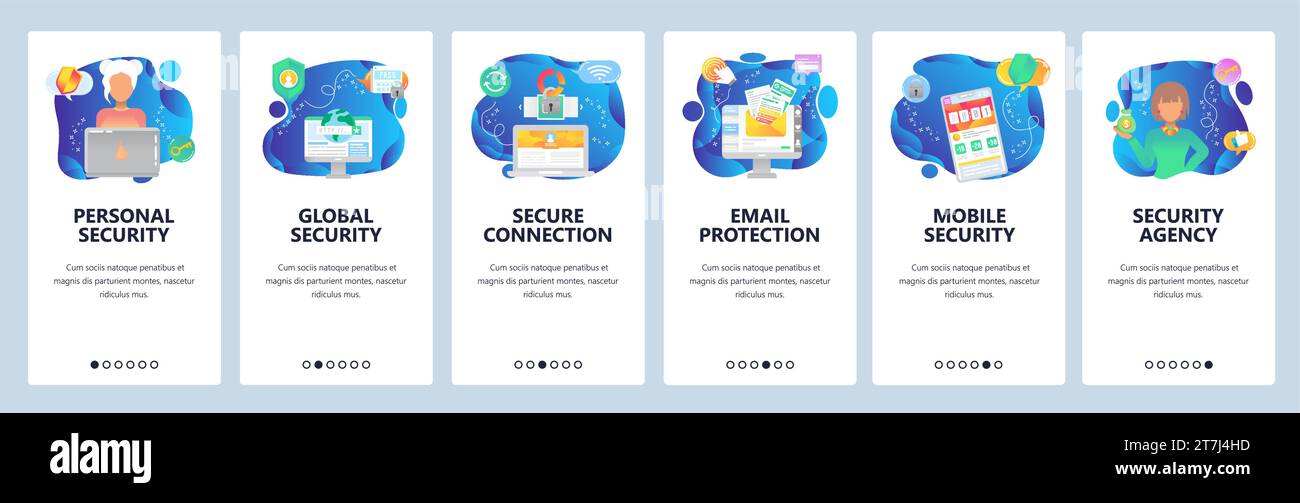 Onboarding for web site and mobile app. Menu banner vector template for website and application development. Personal, global, mobile security, Secure Stock Vector