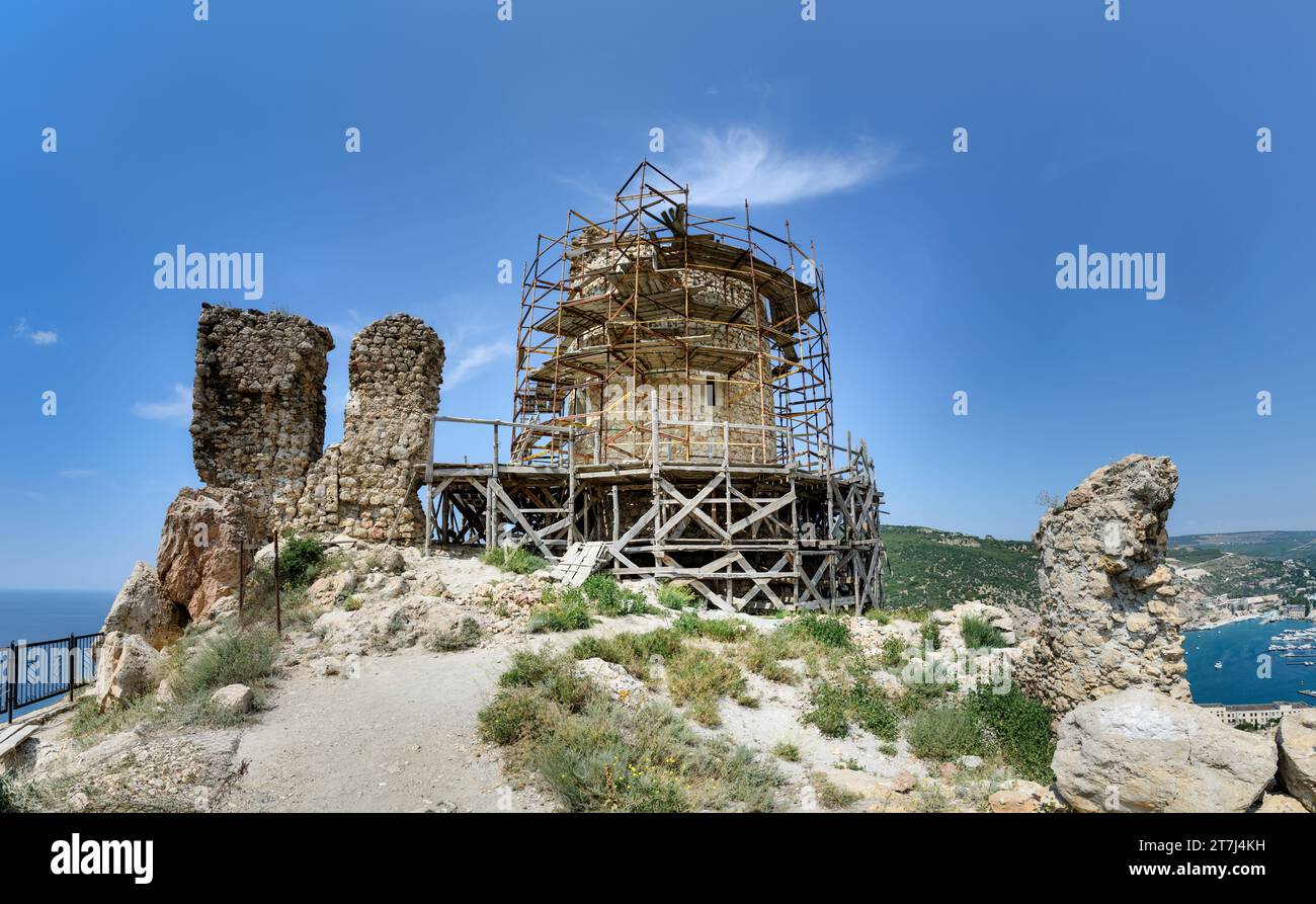 Closeup ruins of Genoese fortress Cembalo in Balaklava, Sevastopol region, Crimea. Stock Photo