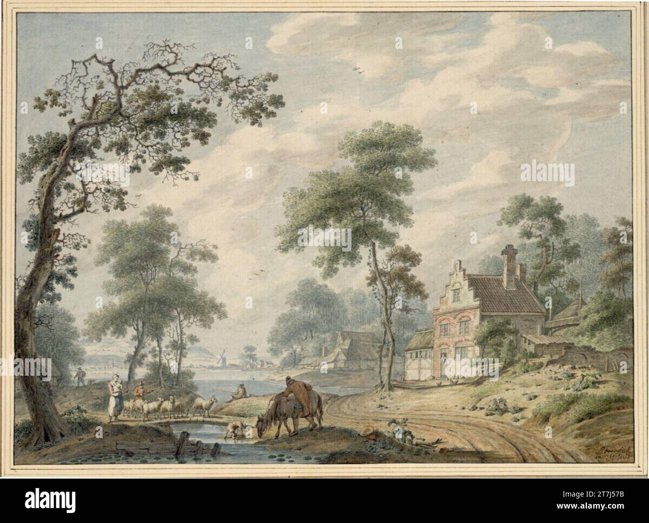 Leendert Overbeek Tree -rich landscape with farmsteads, sheep and a rider who dries his horse. Watercolor (and feather?) Stock Photo
