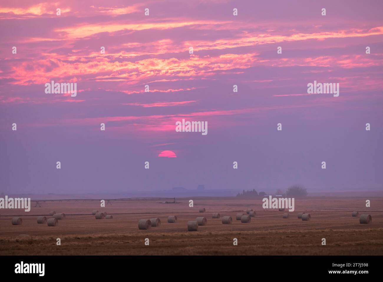 The Sun setting in a smoky and cloudy sky over the just-harvested grain field, near home in southern Alberta. In fact, the harvester machines were wor Stock Photo