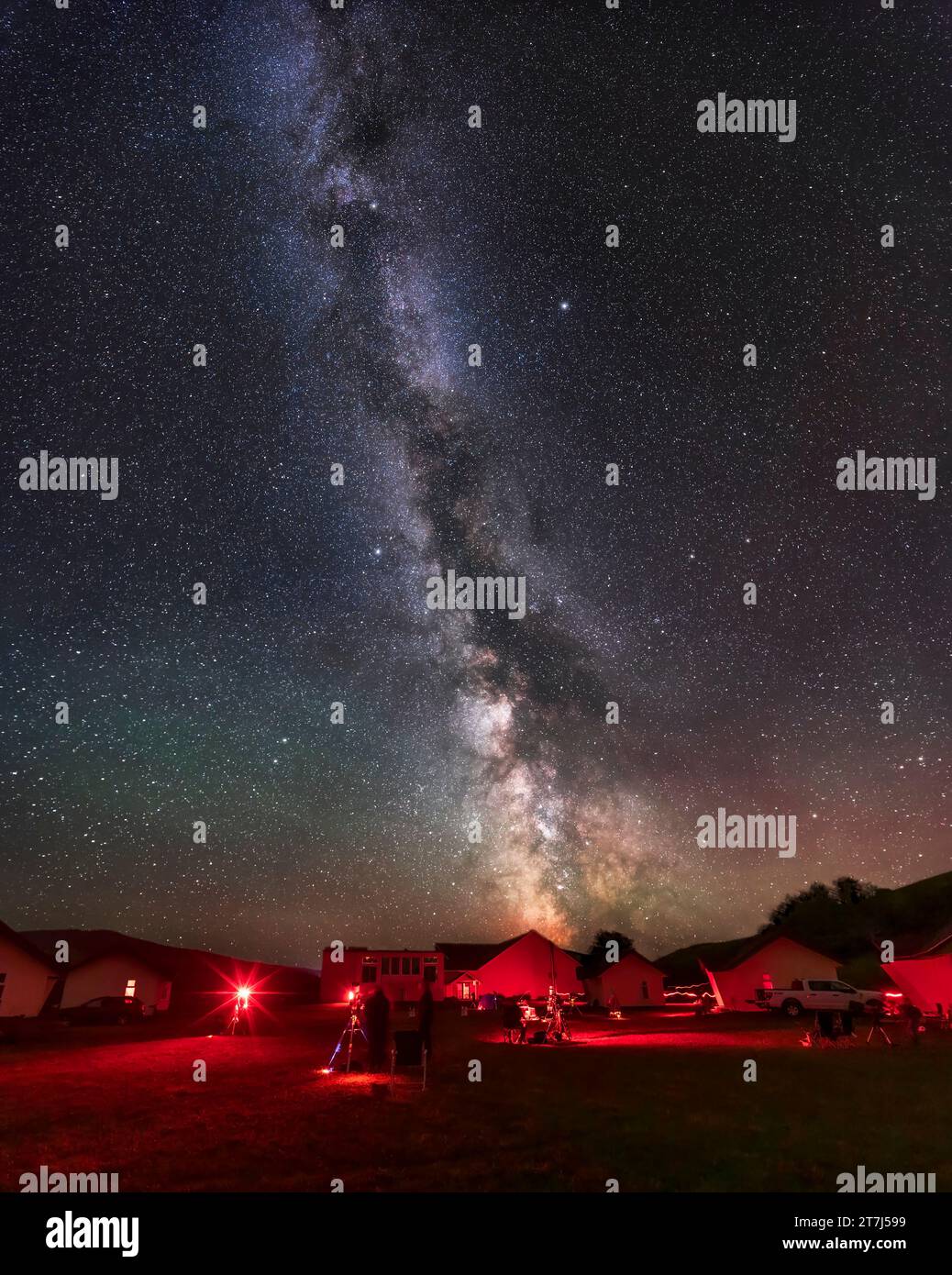 A panorama of the summer Milky Way from Sagittarius up to Cepheus, over the Southern Alberta Star Party, September 13, 2023. The star party is held at Stock Photo