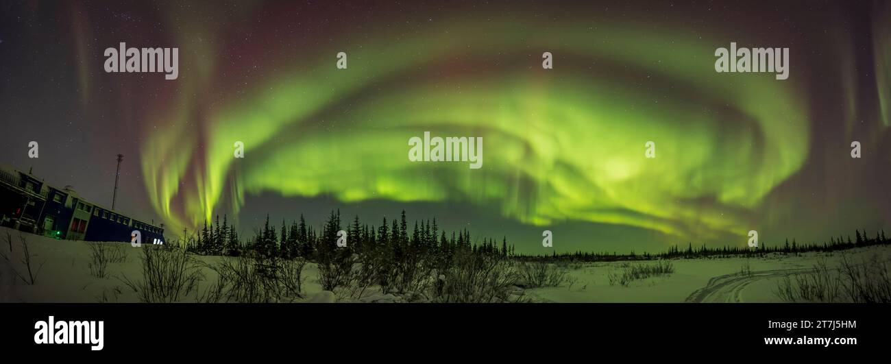 A 180° panorama of the aurora curtains across the northern sky, on February 22, 2023, from the grounds northeast of the Churchill Northern Studies Cen Stock Photo