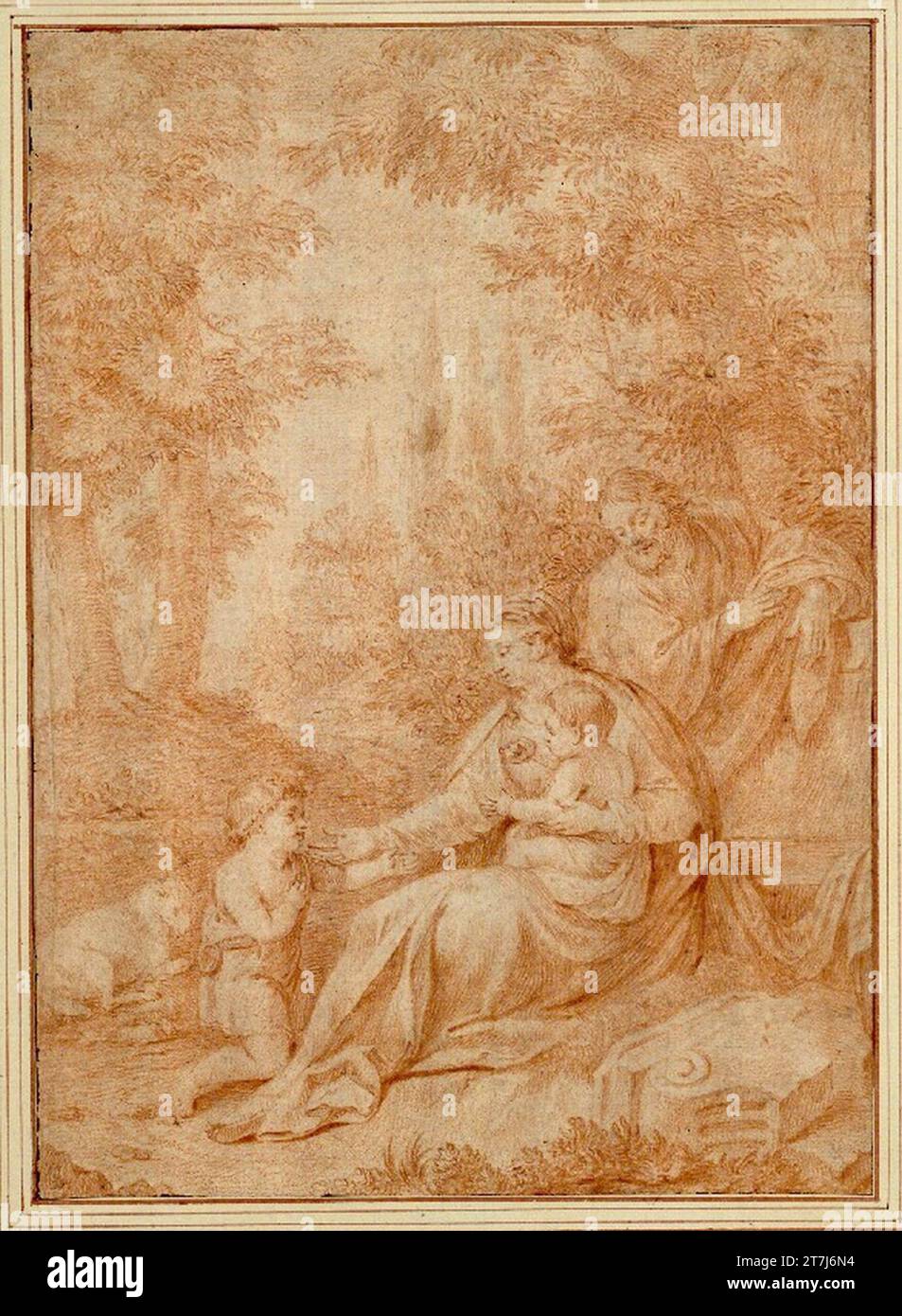 Jacques Stella The calm of the holy family on the run to Egypt. Reddish, brush, laved, heighted with deck white (only more traces of it), worn out Stock Photo