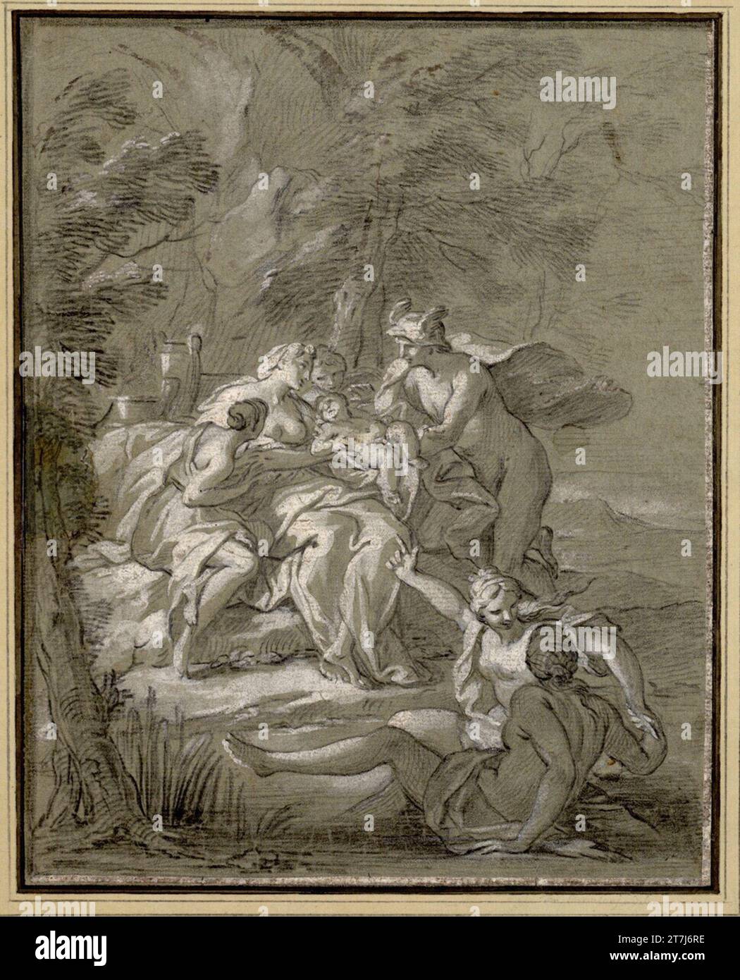 Francesco Trevisani Merkur brings the Bacchus boys to the Nyseids, the nymphs from the mountain of Nysa. Chalk; Curried with deck white; gray paper Stock Photo