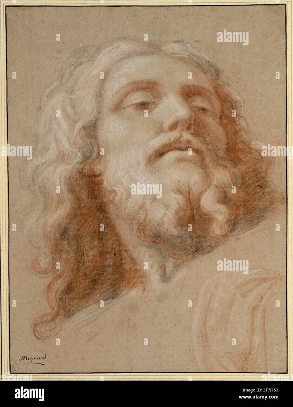 Pierre Mignard Head study for Johannes the Baptist for the dome fresco in Val-de-Grâce. Redtel, black chalk, with chalk -raised white, edging line with spring in black around 1663 - 1666 Stock Photo