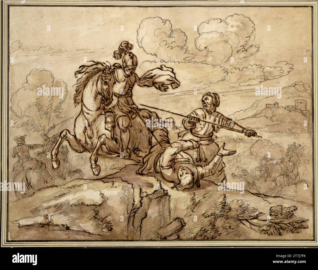 Anonym Battle between riders and infantrymen. Feder in brown, black chalk, brush, brown and greenish Stock Photo