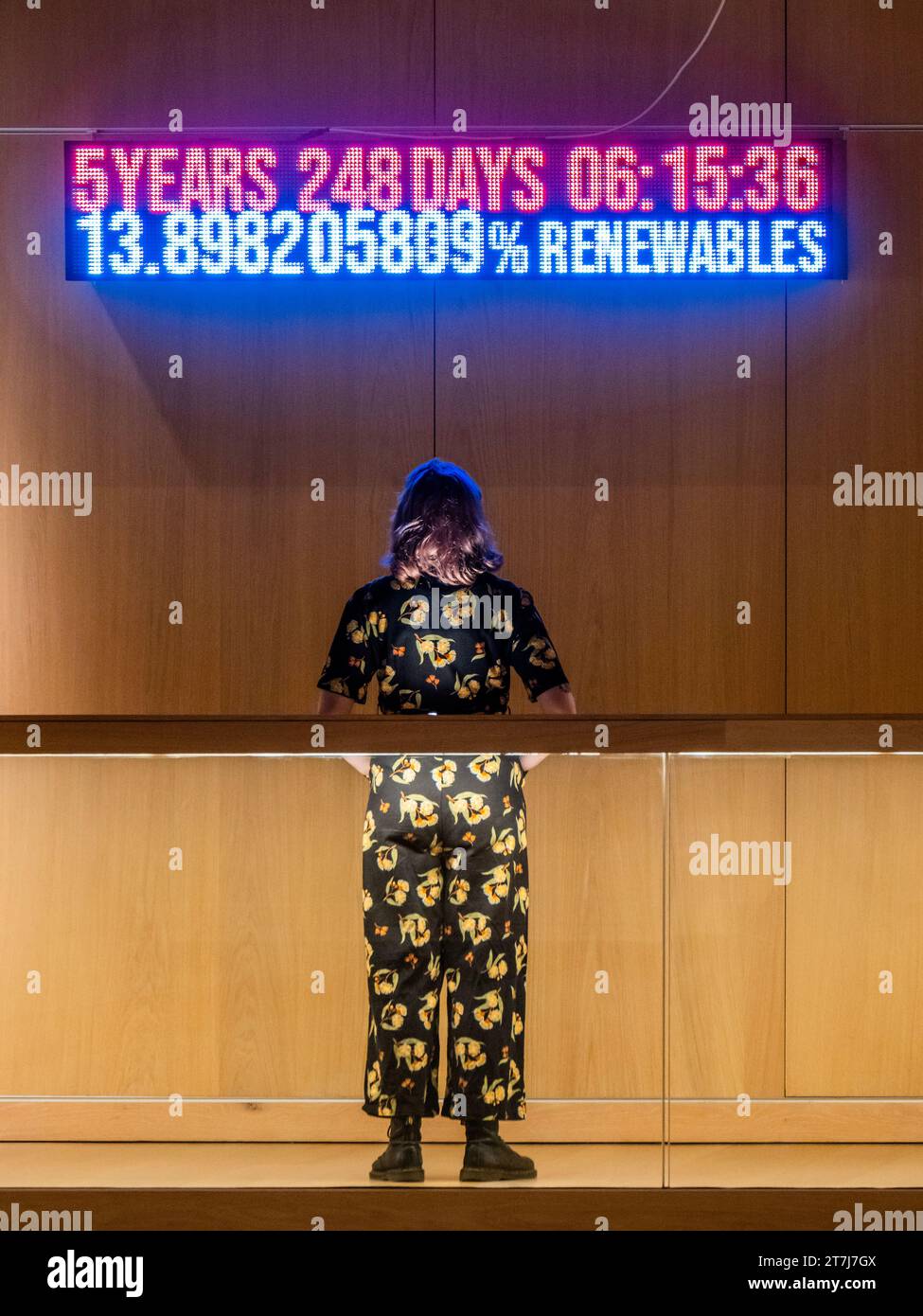 London, UK. 16th Nov, 2023. The Climate Clock communicates what must be done to tackle the climate crisis and by when. The top, in red, displays the time remaining to prevent planetary global warming rising above 1.5°C. The bottom, in blue-green, displays four lifelines: renewable sources; the climate debt owed by G20 countries; the amount of money currently committed to the Green Climate Fund; and the amount of land protected by Indigenous people worldwide. Design Museum launches Future Observatory display. Credit: Guy Bell/Alamy Live News Stock Photo