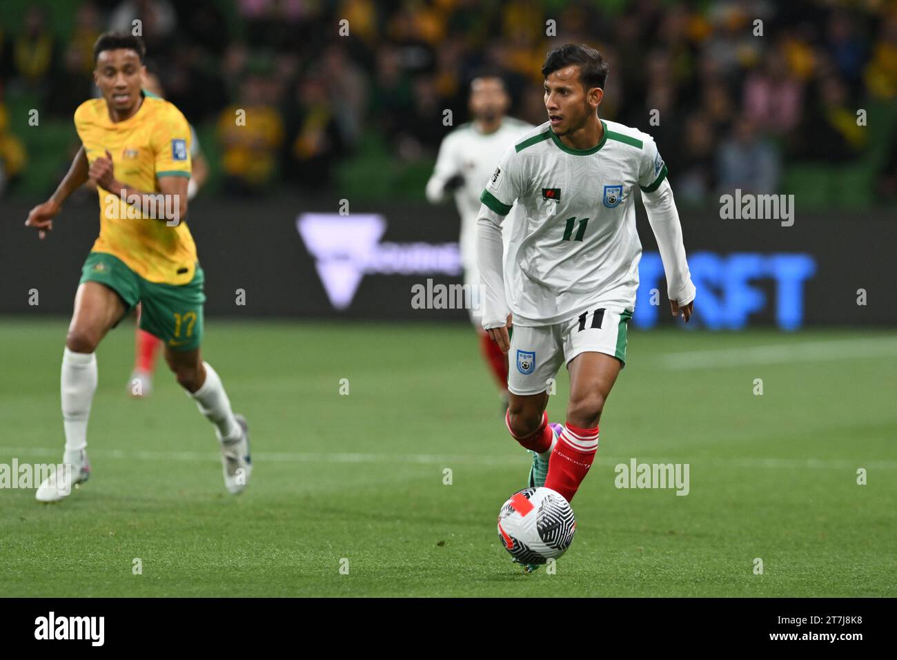 MELBOURNE, AUSTRALIA 16th November 2023. Pictured: Bangladesh forward Foysal Ahmed Fahim (11) in action during the FIFA World Cup 2026 AFC Asian Qualifiers R1 Australia v Bangladesh at Melbourne’s rectangular stadium. Credit: Karl Phillipson/Alamy Live News Stock Photo