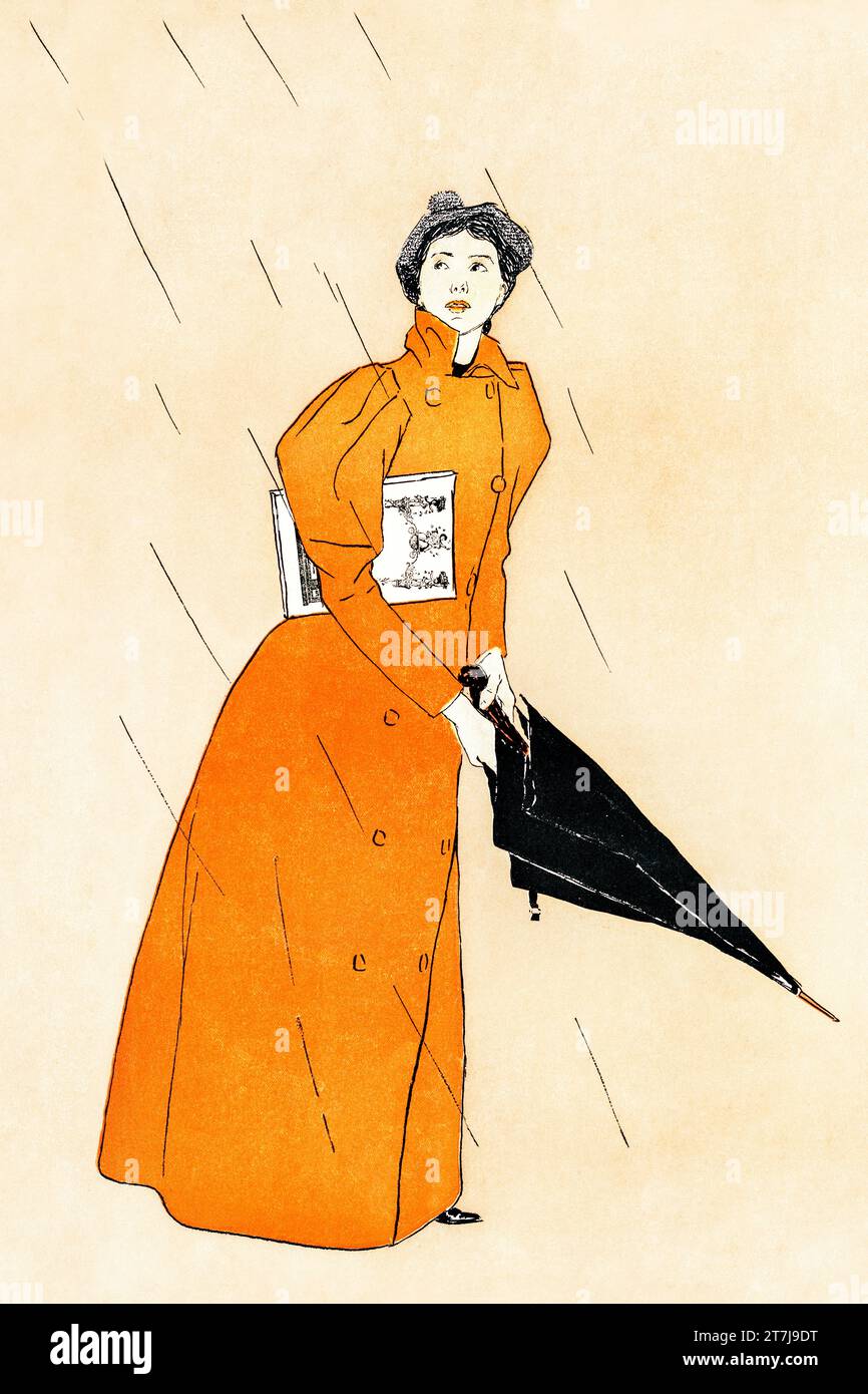 Woman holding umbrella (1894) print in high resolution by Edward Penfield. Original from Library of Congress. Stock Photo