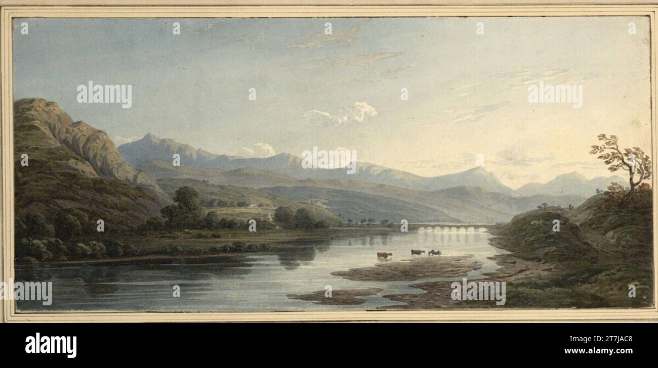 John Varley Large river landscape surrounded by mountains with bridge. Pencil, watercolor, cinema around 1810 Stock Photo