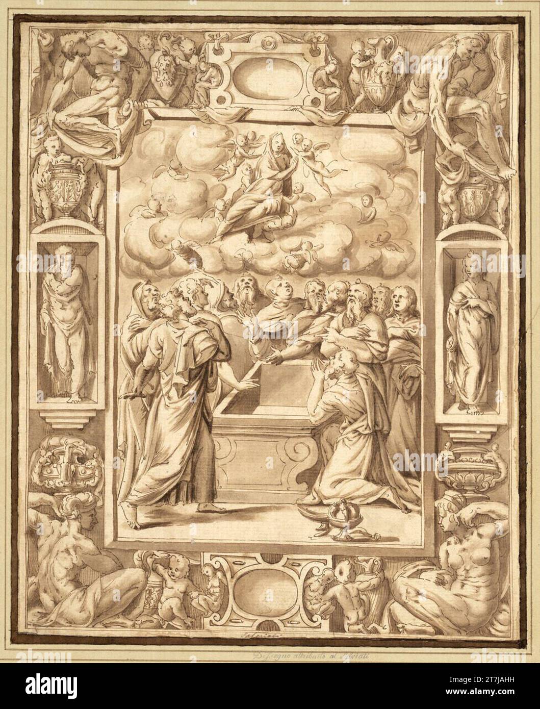 Anonym Ascension Day Mariae in a rich frame with cartridges and figures ...