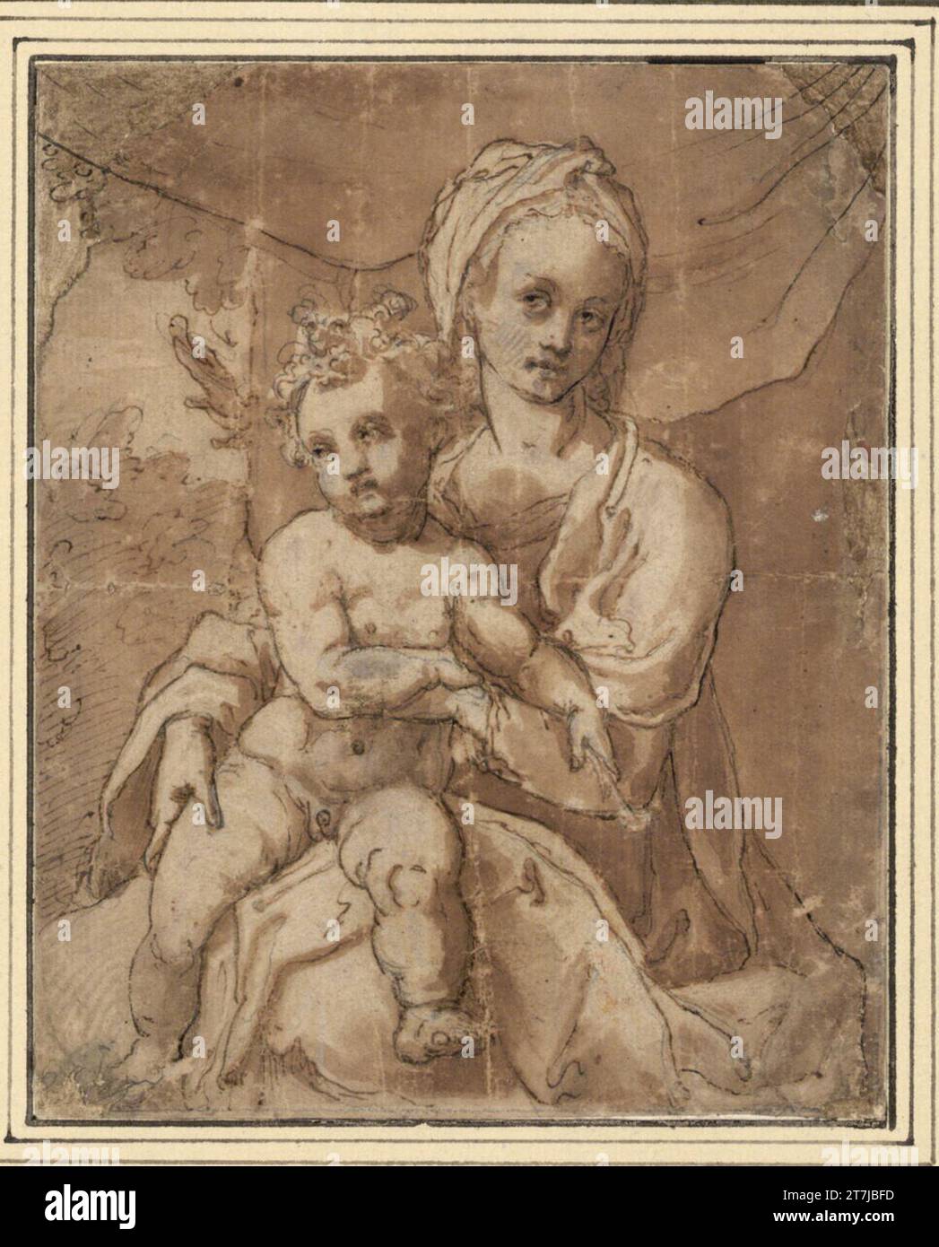 Anonym Madonna with child. Feather; laved; Leasts; the upper corners ...