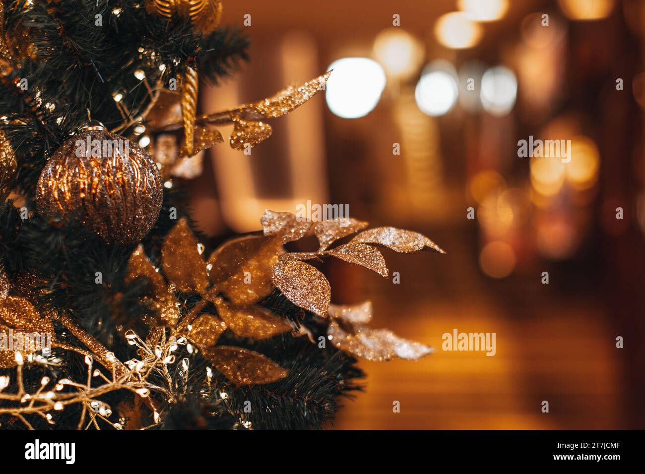 New Year composition in a festive interior. A branch of the Christmas tree decorated with a golden plant leaves, Christmas ball and garlands light. Stock Photo