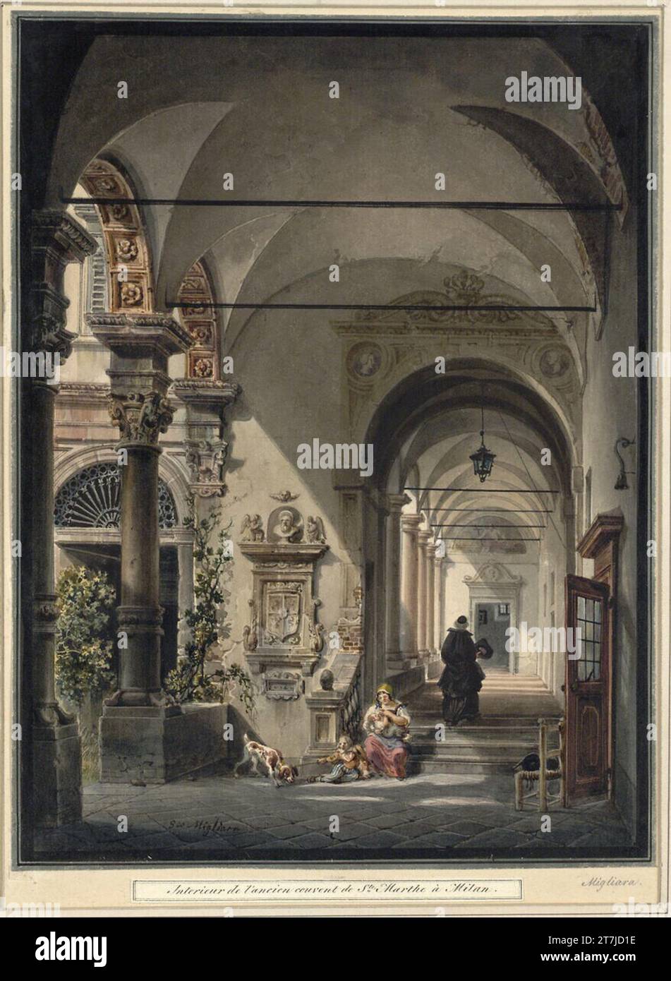 Giovanni Migliara Interior of the old convent of Ste Marthe in Milan. Watercolor Stock Photo