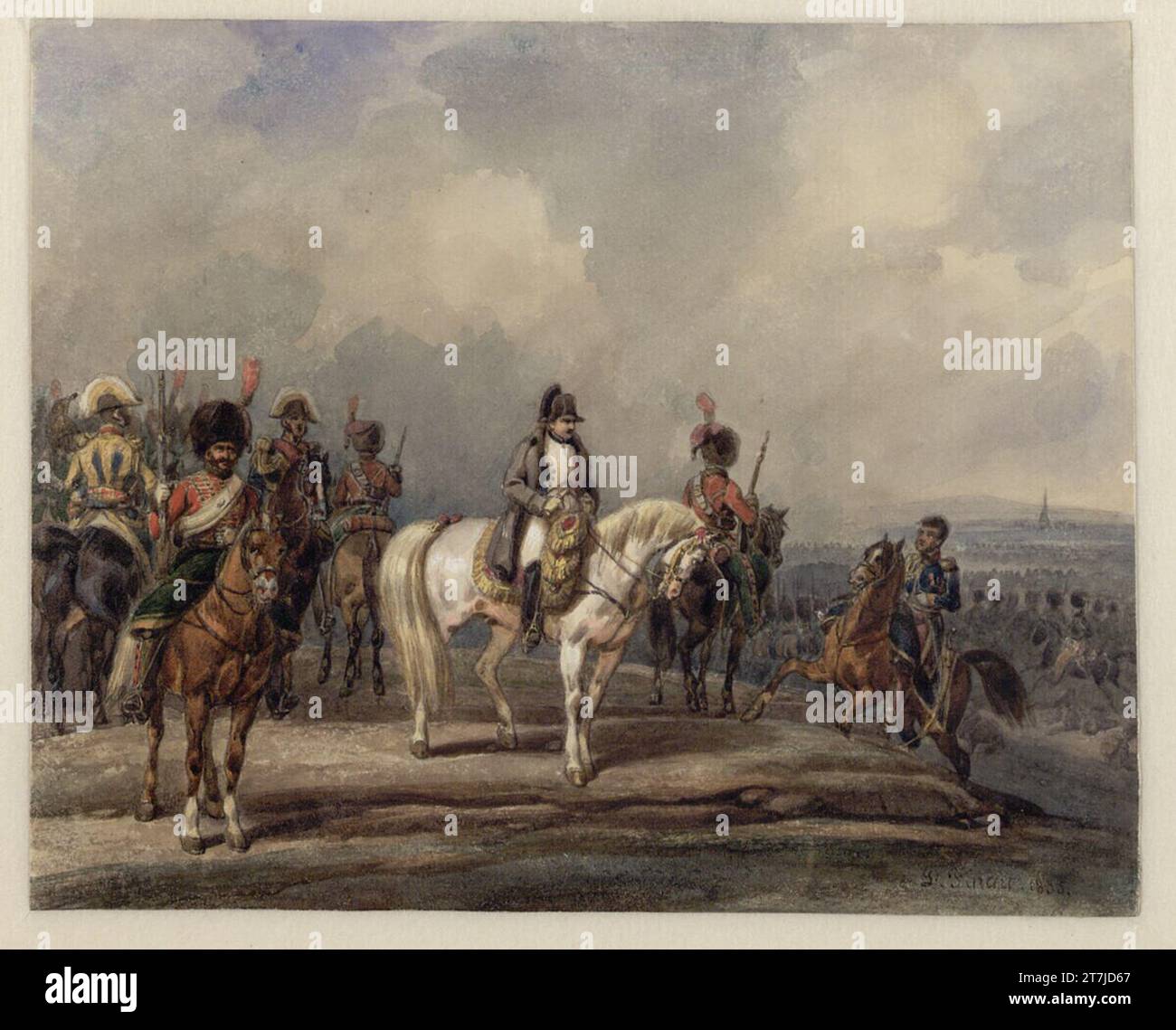 Noël Dieudonné Finart General Rapp reports Emperor Napoleon I. his victory over the Russian cavalry in the Battle of Austerlitz. Watercolor and gouache, watercolor firing 1835 , 1835 Stock Photo