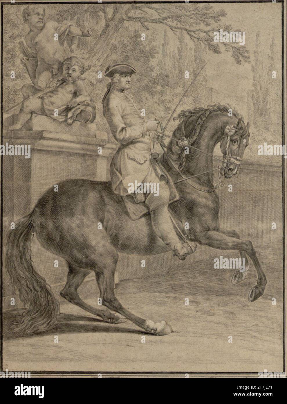 Johann Elias Ridinger The parade in Linck's crotch. Reddish, black and white chalk on light -brown paper Stock Photo