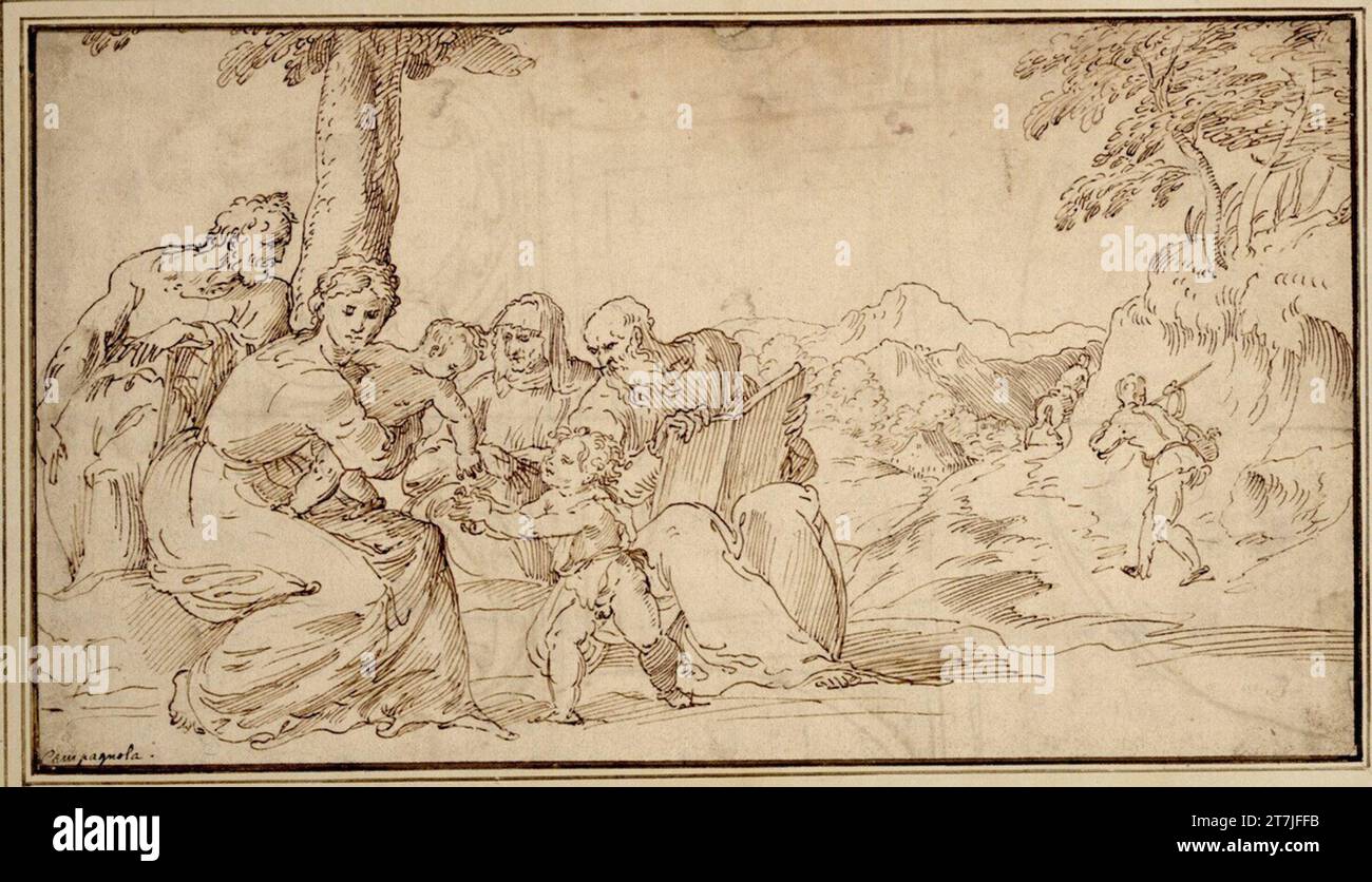 Anonym Sacra Conversazione in a landscape with trees in front of a mountain group. (On the way to the right there is a rider and a hiker towards the background). Ink, feather Stock Photo