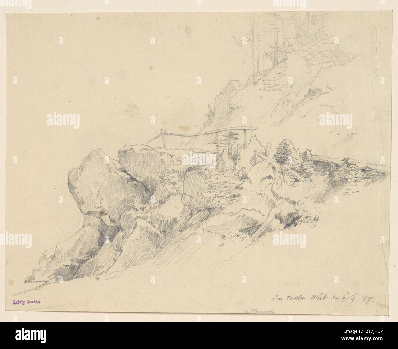 Anton Hansch Game at the 'dead woman' ('waterfall to the dead woman') at Mürzsteg in Styria. Pencil 1847 , 1847 Stock Photo