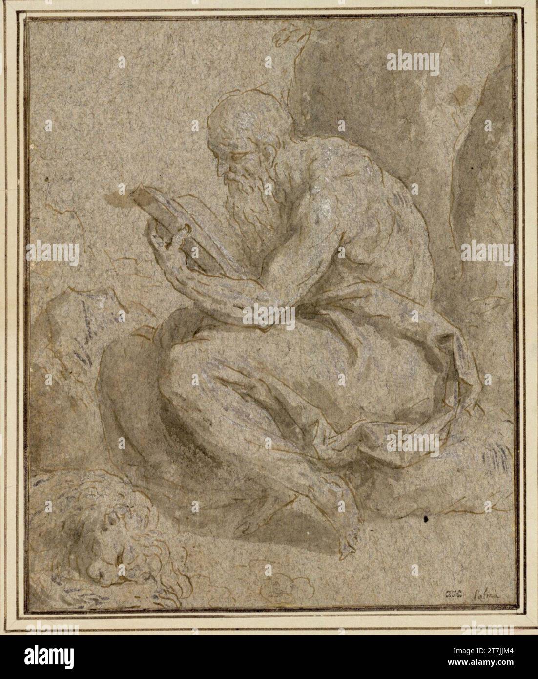 Jacopo Palma The Holy Hieronymus sits to the left at the foot of a tree ...