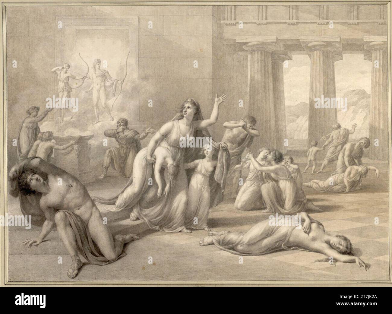 Friedrich Rehberg Diana and Apollo kill Niobes. Black chalk, reddish, brush in gray and brown, deck white 1810-20 , 1810/1820 Stock Photo