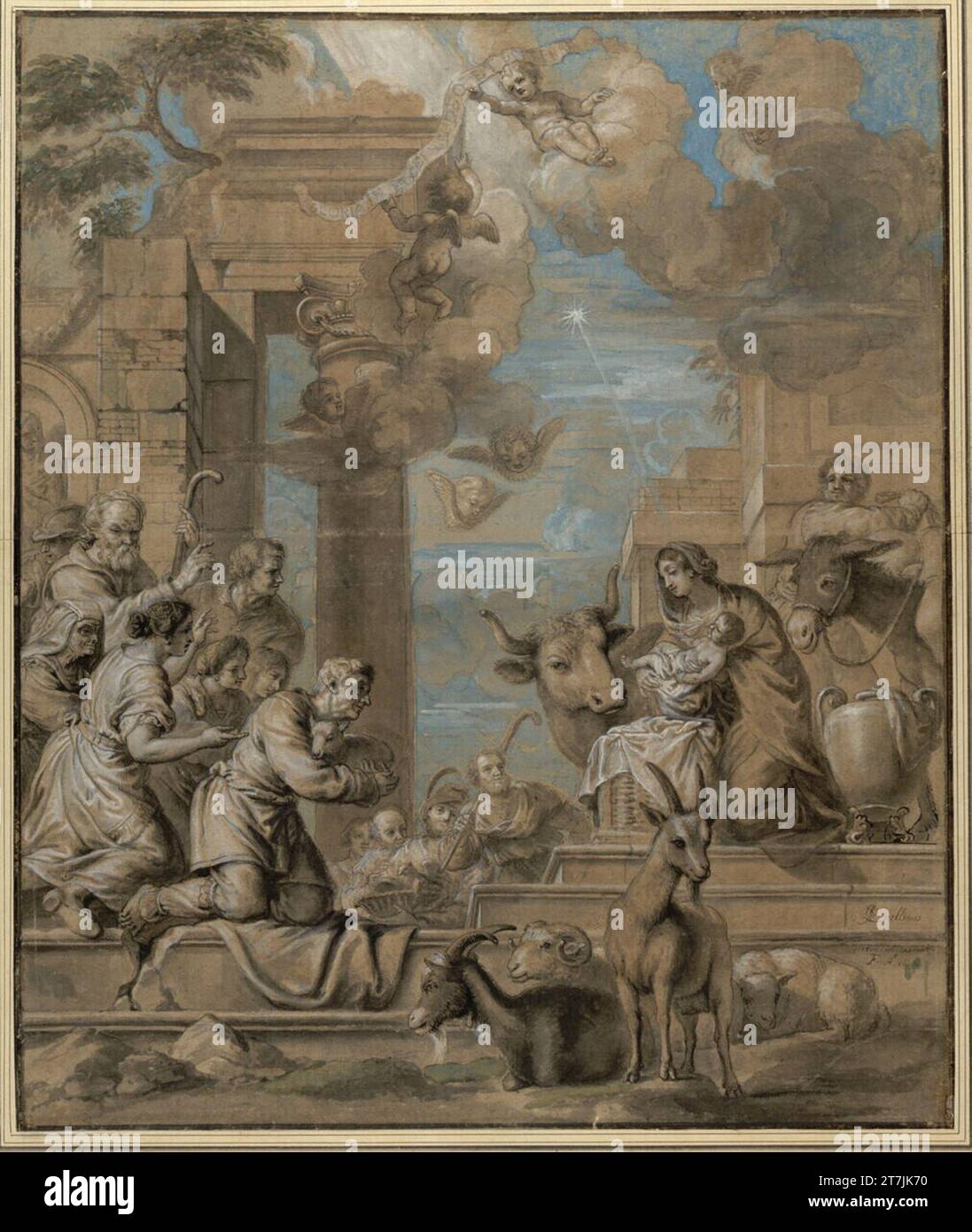 Jan Erasmus Quellinus The adoration of the shepherds. Brush in gray, blue (with deck white) and green laved, heighted with deck white, over black chalk, on light brown paper; Disrupts and slight damage to the edges. 1690 , 1690 Stock Photo