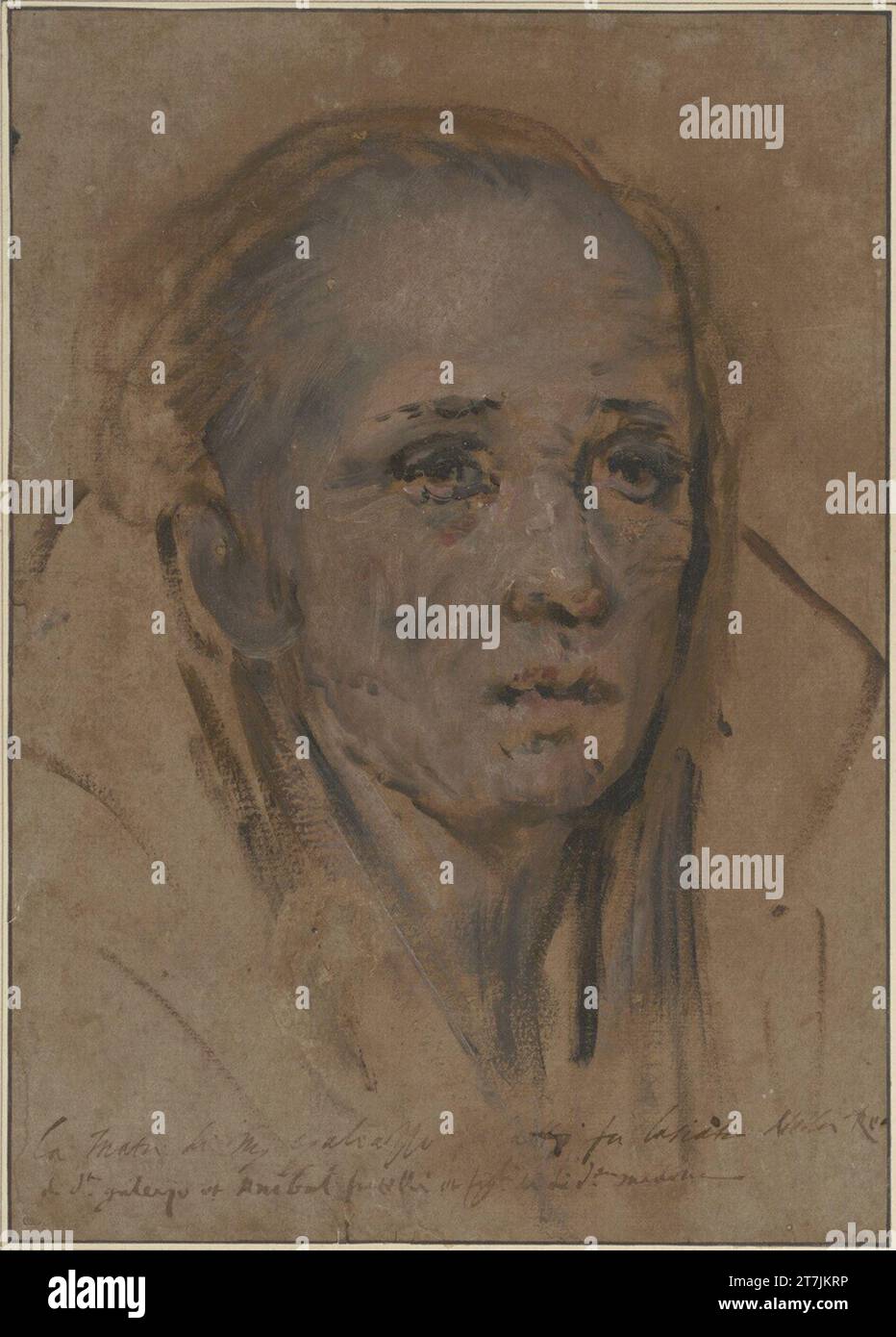 Francesco Maffei Portrait of an older lady. Oil -colored, heighted with deck white, on brown paper Stock Photo