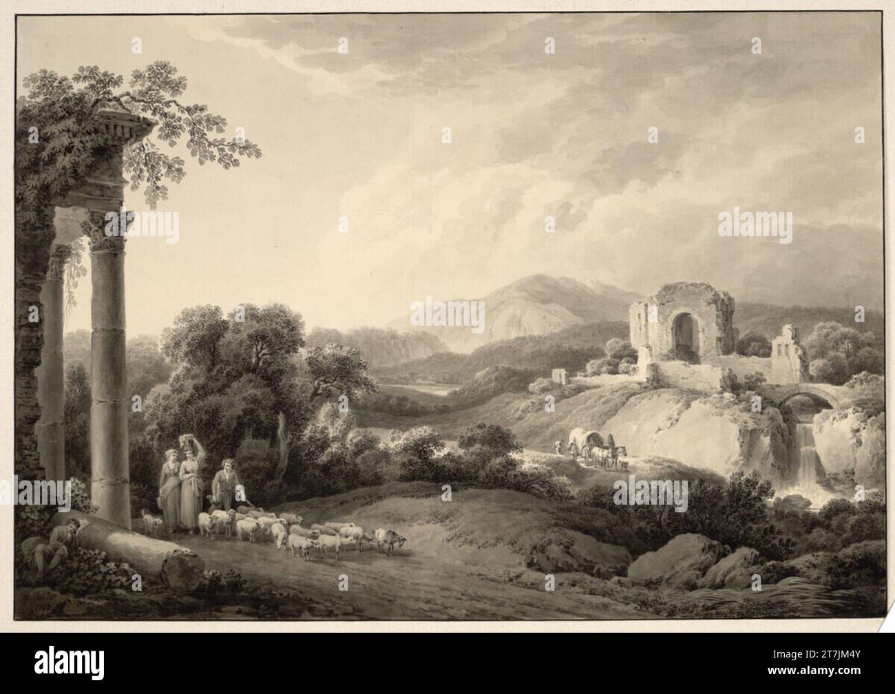 Martin von Molitor Roman landscape with flock of sheep. Ink lavated 1793 , 1793 Stock Photo