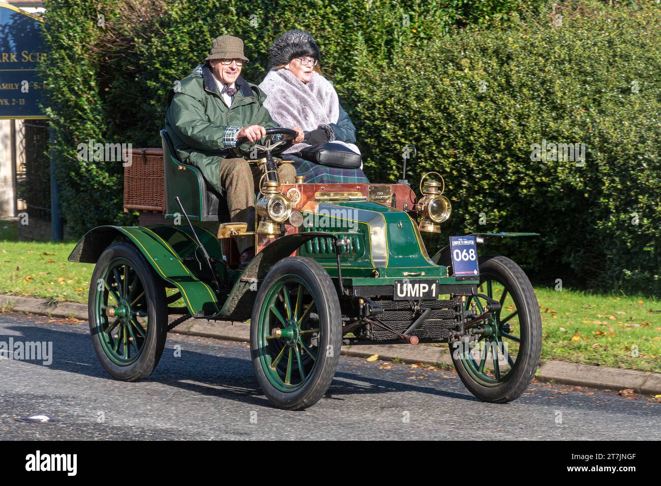 A green 1901 Gladiator open two-seater car taking part in the London to Brighton veteran car run event on 5th November 2023, West Sussex, England, UK Stock Photo