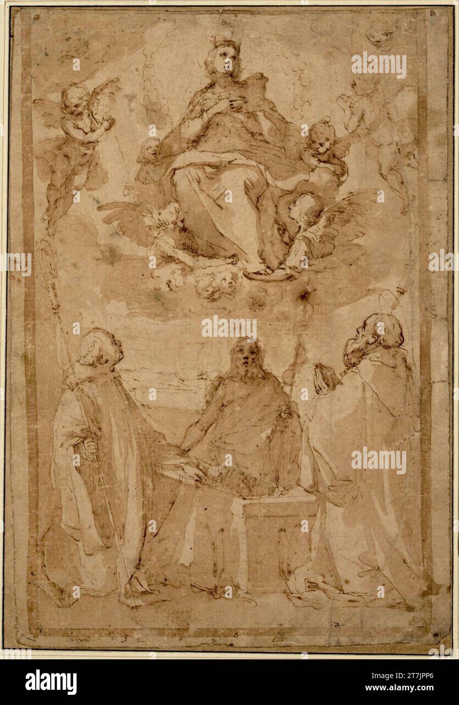 Anonym Himmelfahrt with John the Baptist and two bishops, of whom the right bears a halo. Chalk; Feather; laved; the brush framework in brown later (the same as the writings?); The oval stamp visible on the photo on the right of the oval stamp visible on the top right of the photo on the original. Stock Photo