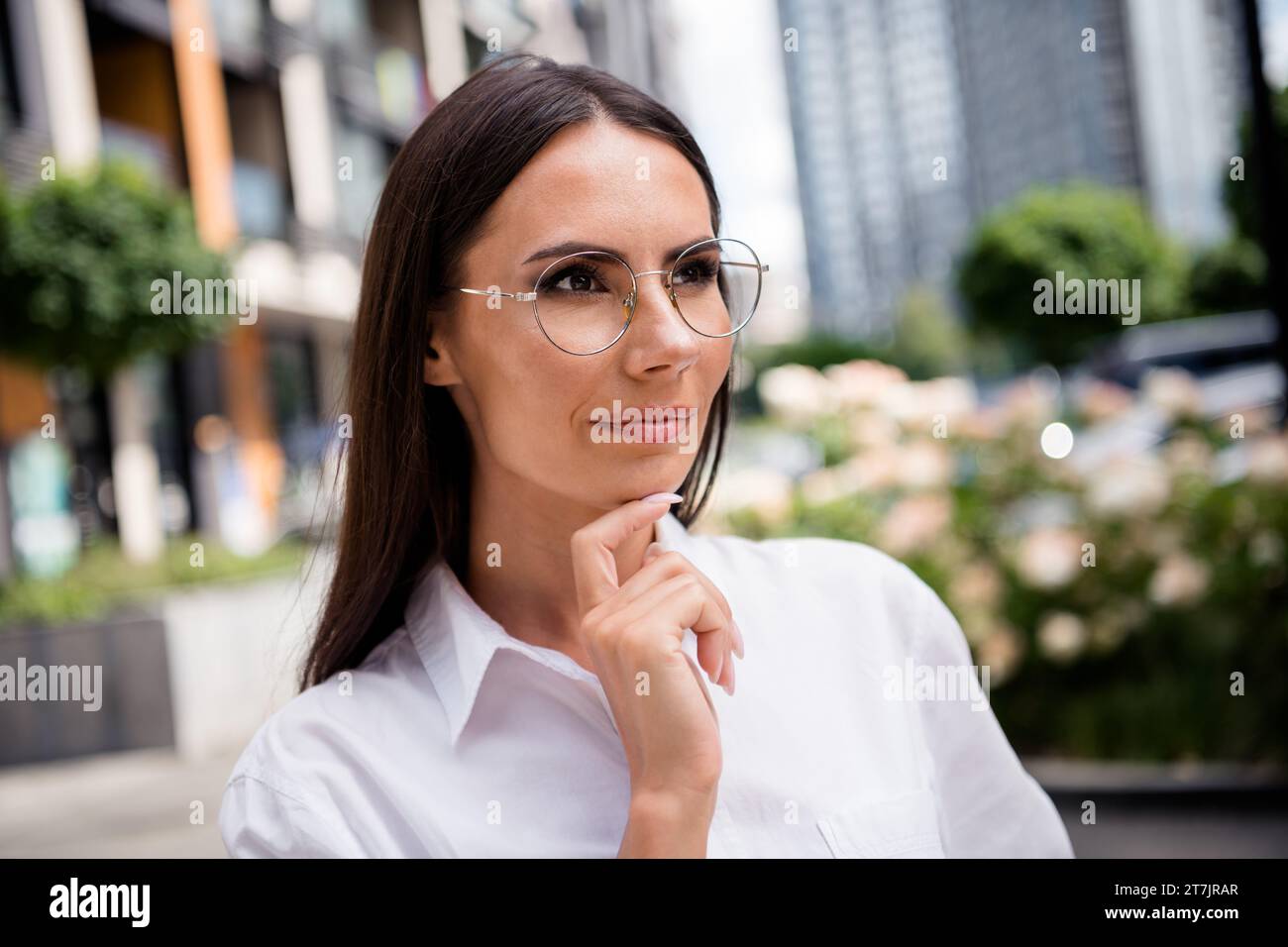 Photo of smiling smart lady realtor wear white shirt spectacles hand ...